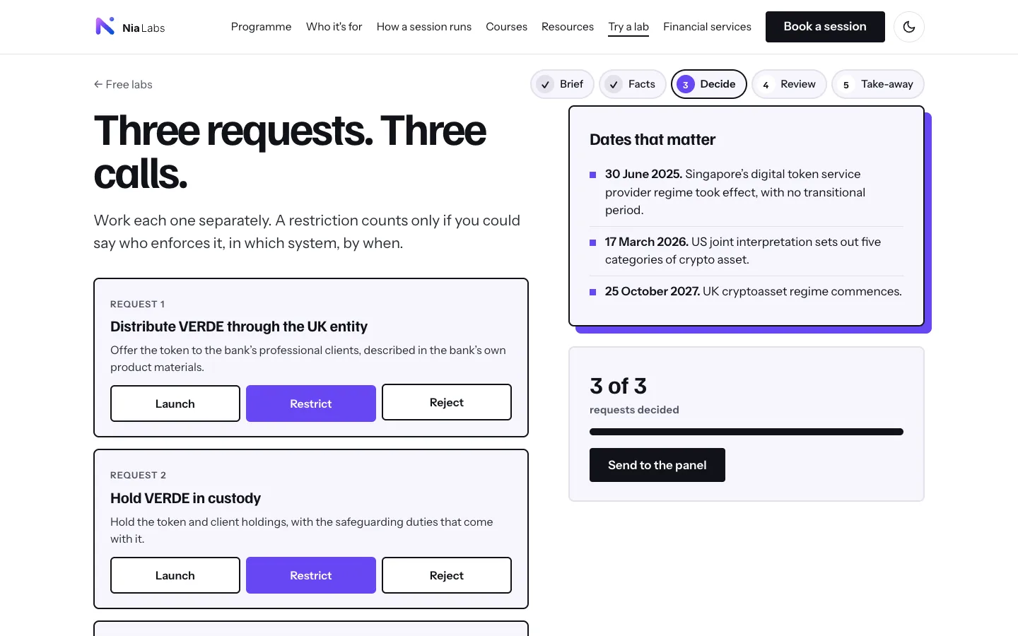 The VERDE decision screen: three requests, each with Launch, Restrict and Reject options